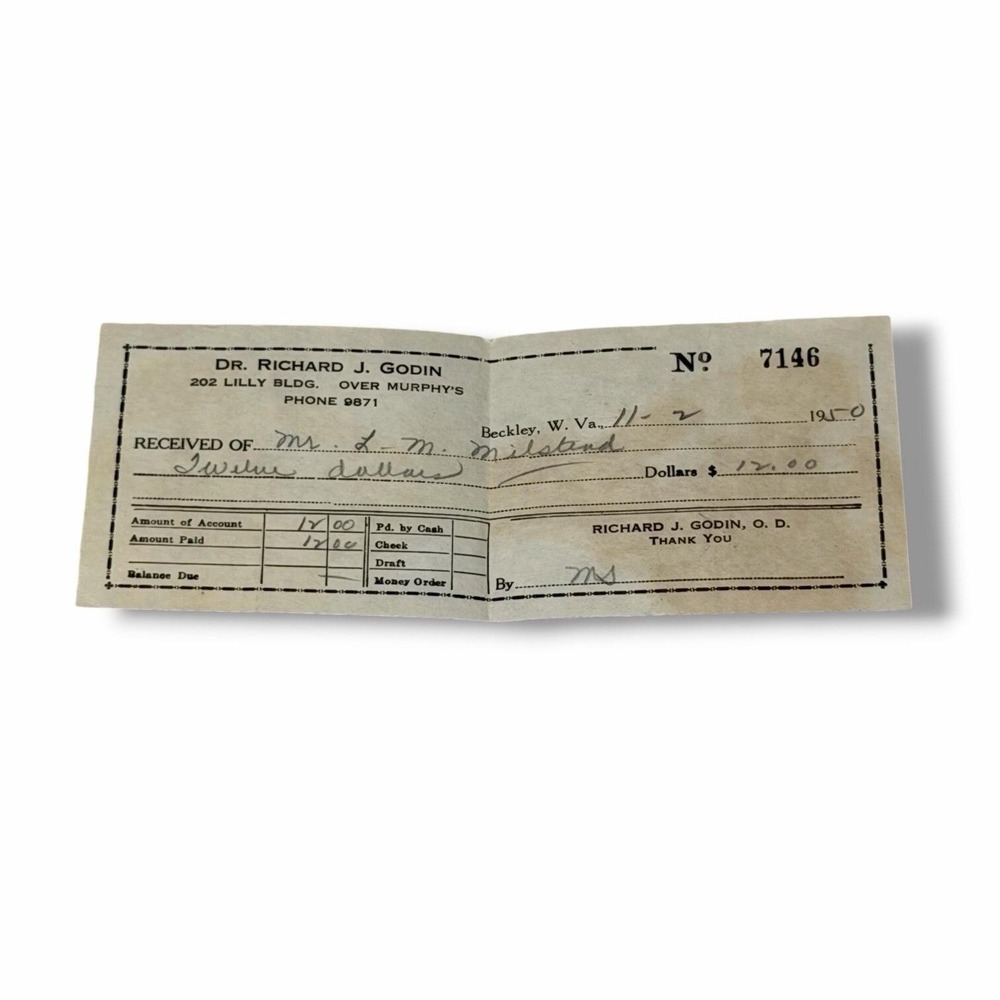 Dr Richard J Godin Beckley West Virginia Receipt 1950 I250